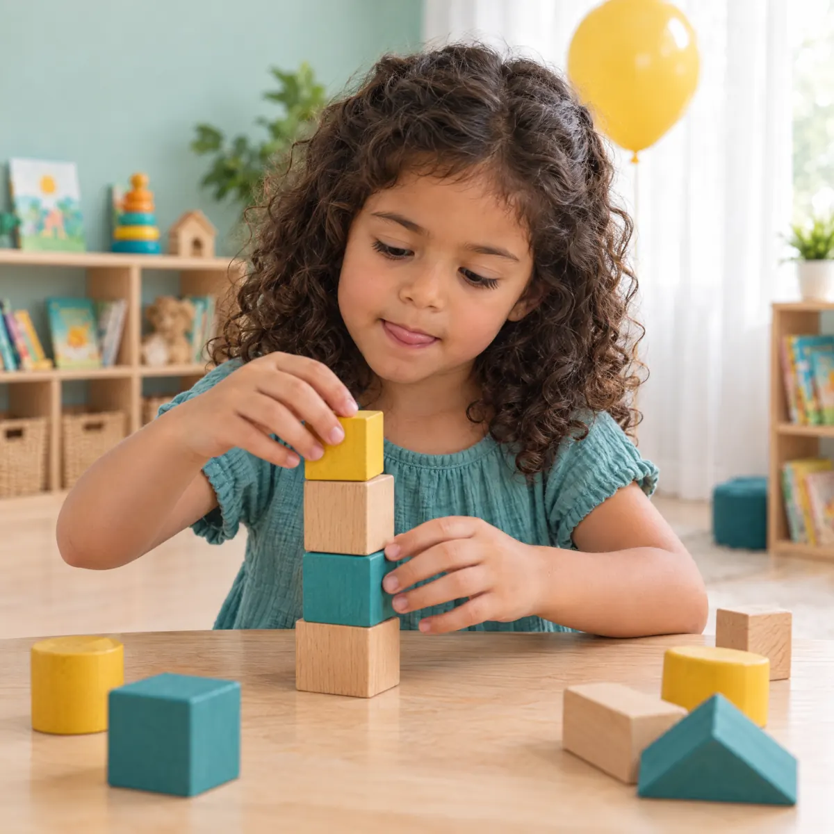 A child building a tower of wooden blocks during a play-based session